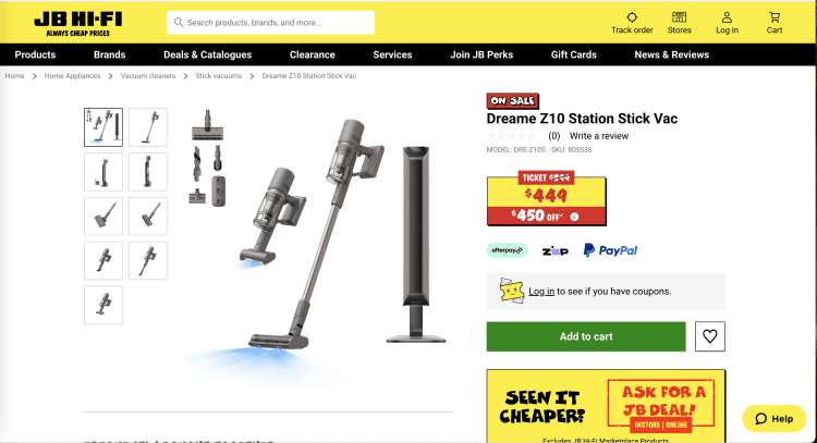 JB Hi-Fi: Dreame Z10 Station Stick Vacuum – was $899, now $449